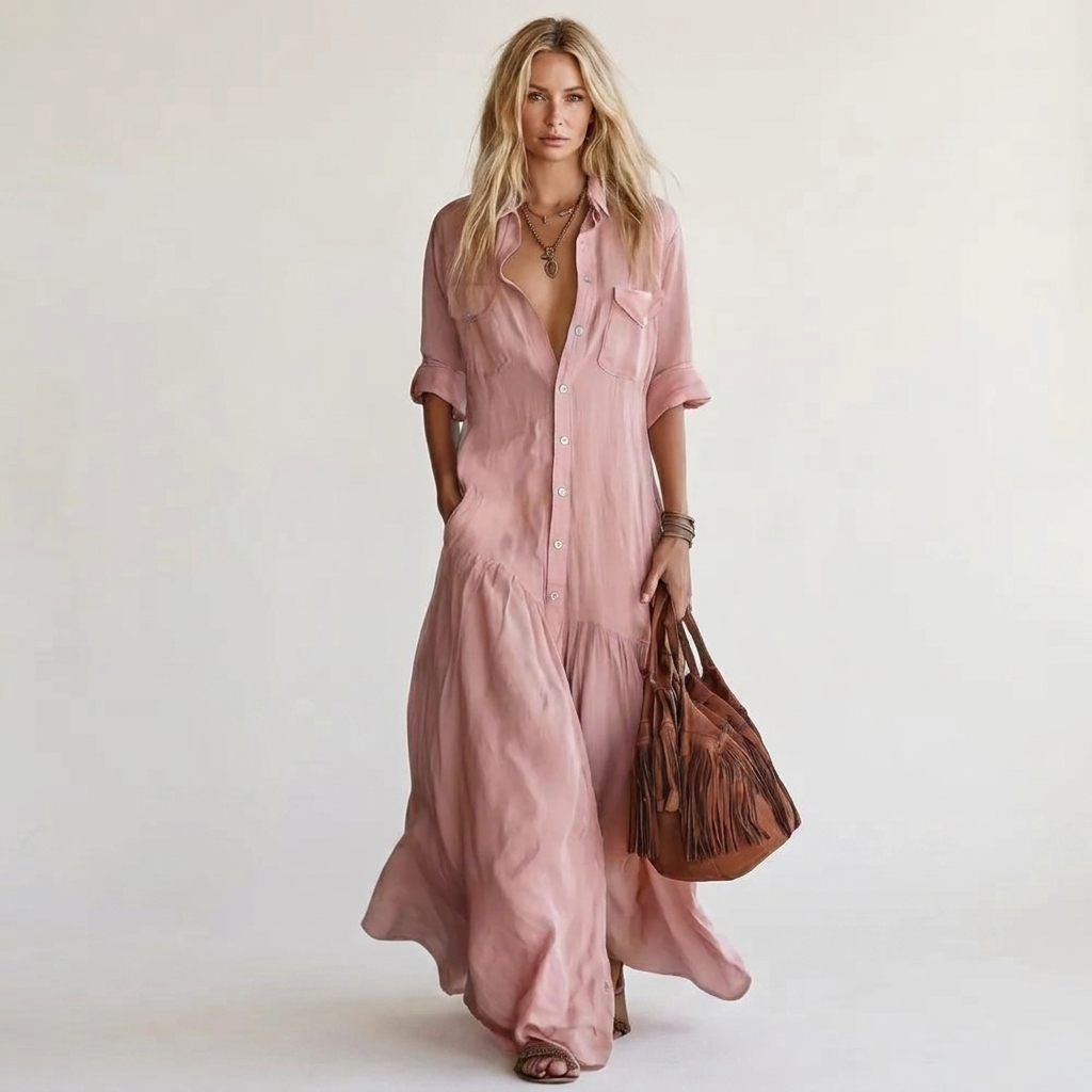 Romie | Vestido Camisero Maxi de Algodón y Lino, Versátil