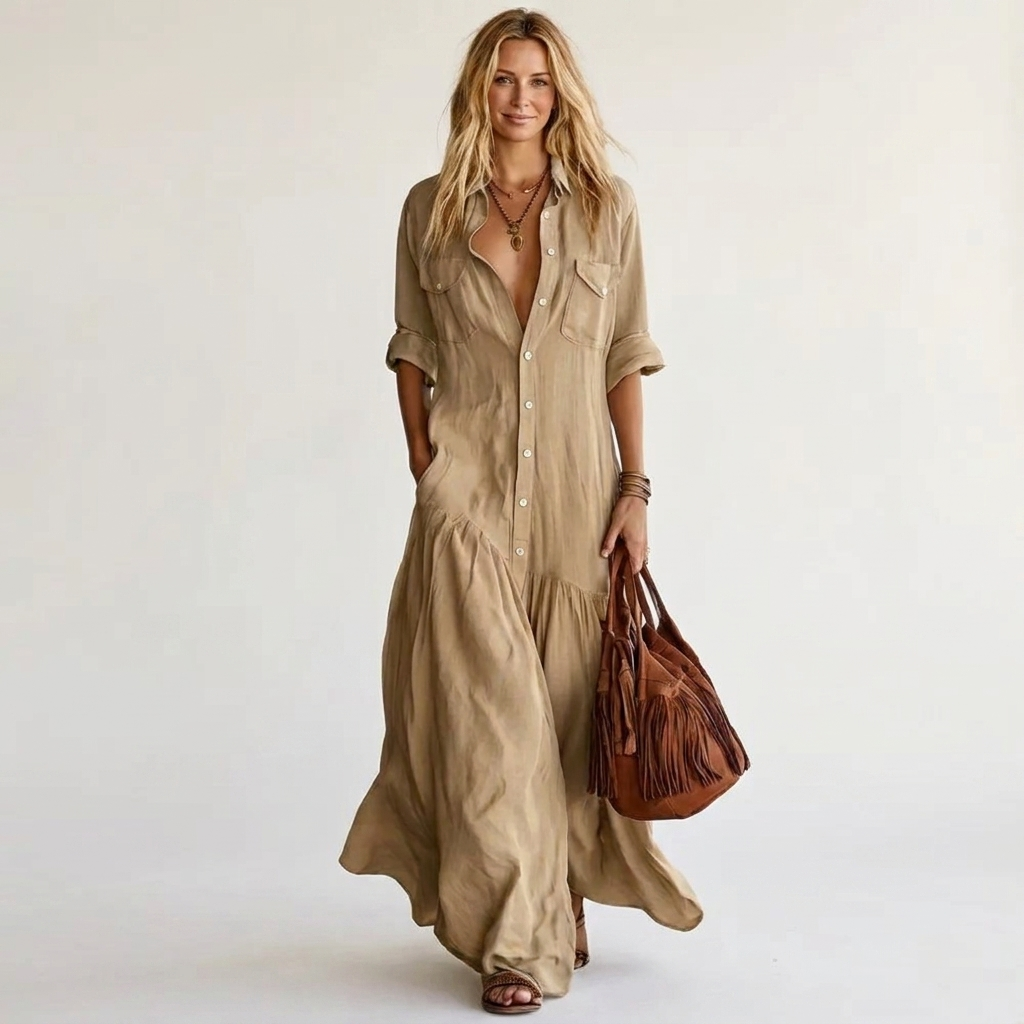 Romie | Vestido Camisero Maxi de Algodón y Lino, Versátil