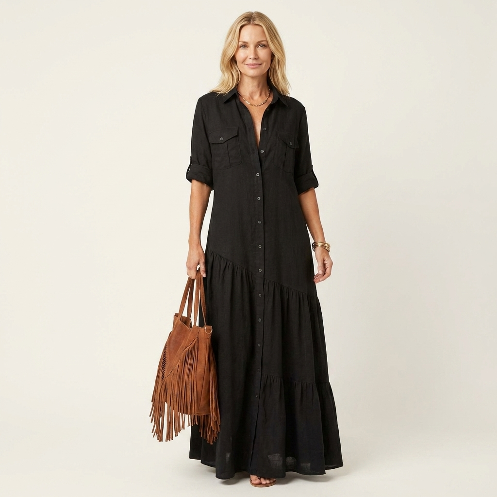 Romie | Vestido Camisero Maxi de Algodón y Lino, Versátil