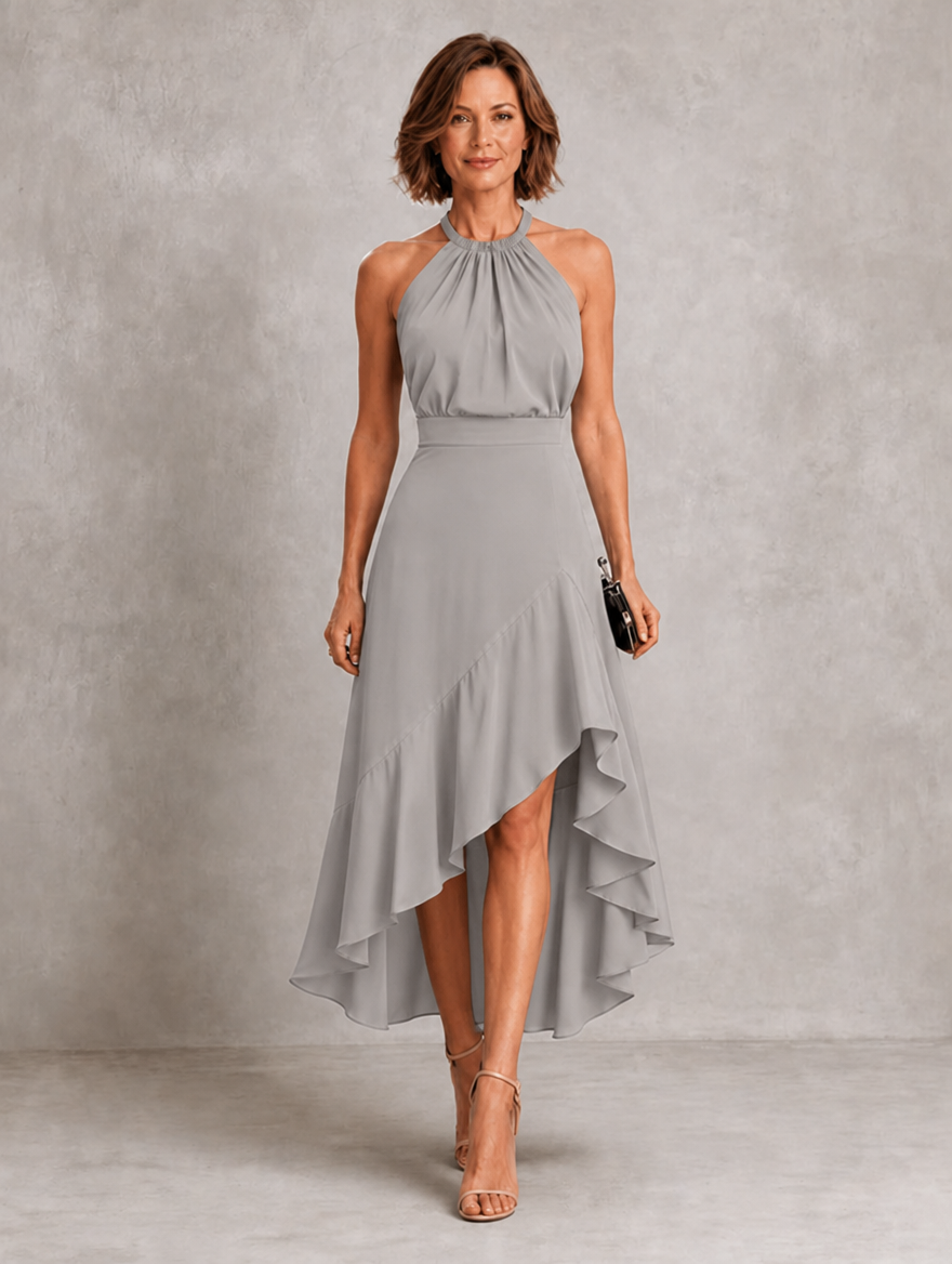 Chloe | Vestido Halter con Bajo de Volantes en Capas, Impactante