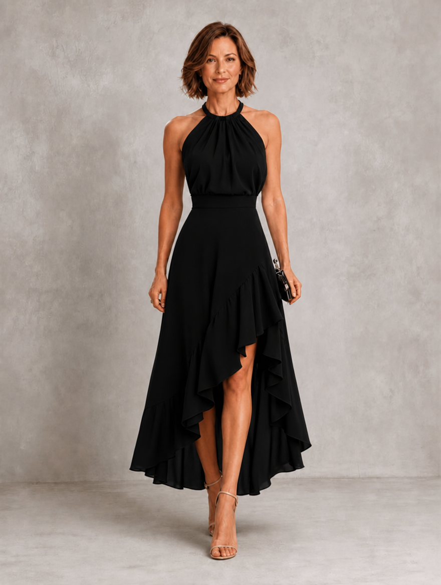 Chloe | Vestido Halter con Bajo de Volantes en Capas, Impactante