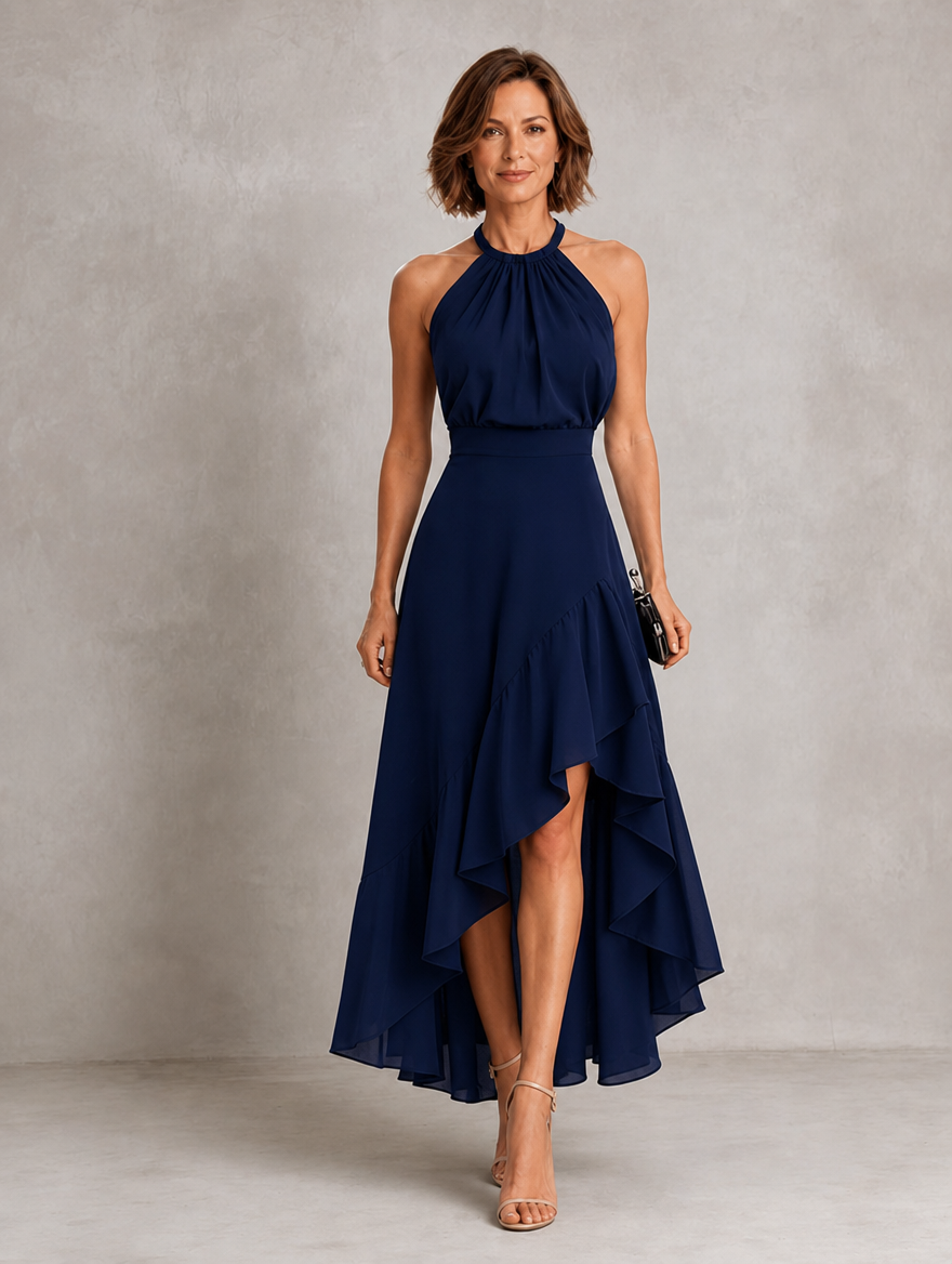 Chloe | Vestido Halter con Bajo de Volantes en Capas, Impactante