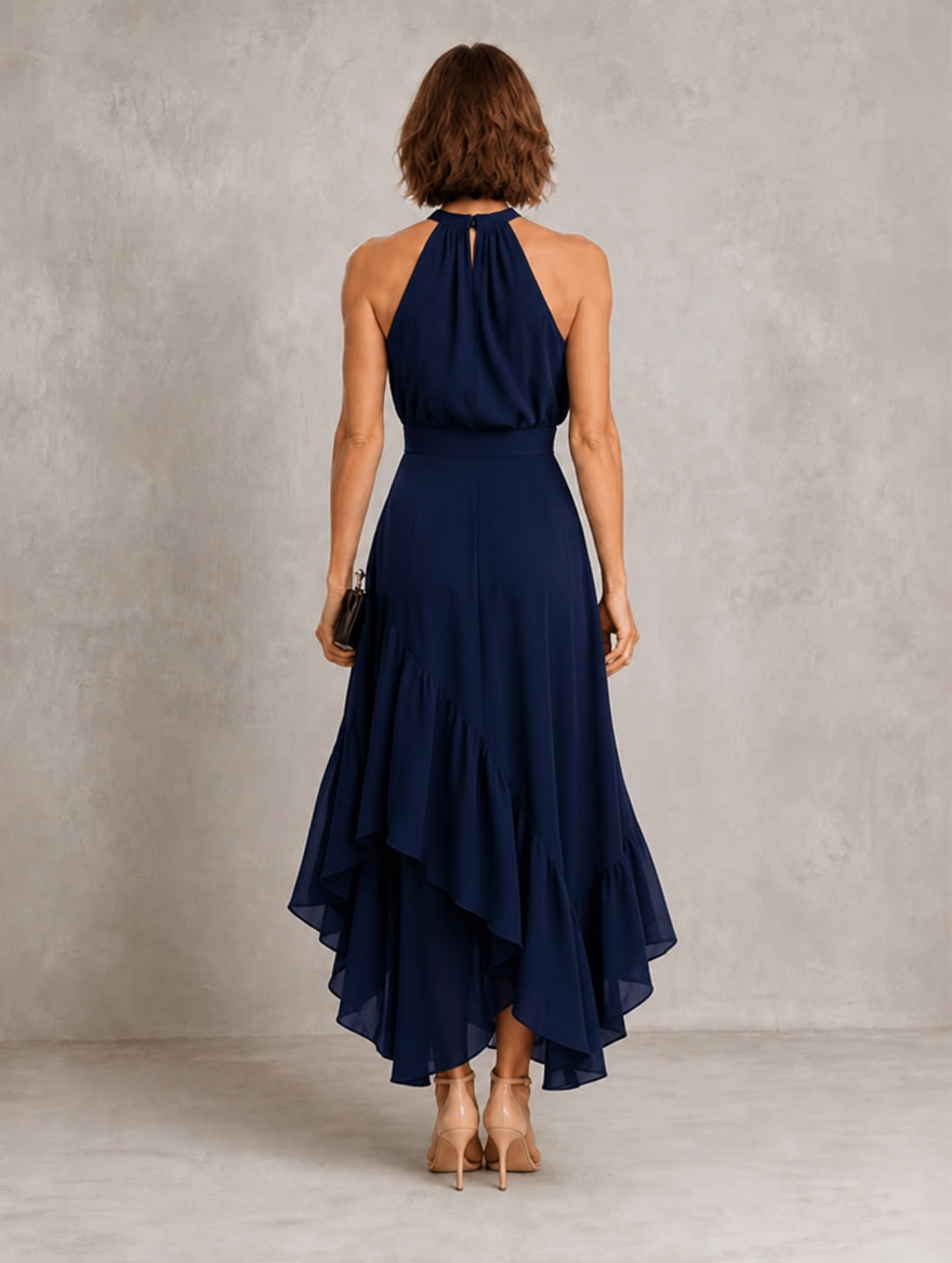 Chloe | Vestido Halter con Bajo de Volantes en Capas, Impactante