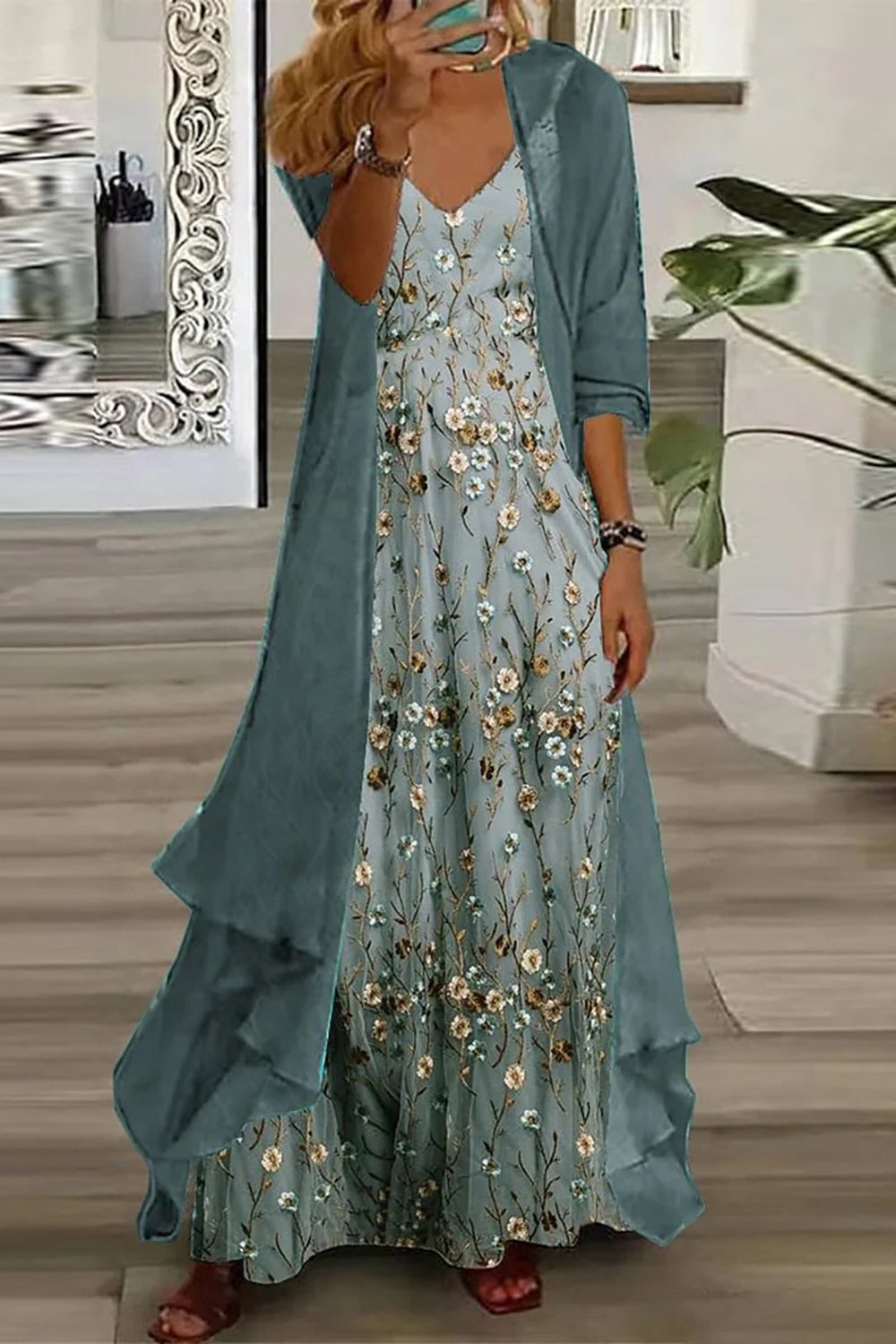 Altea | Conjunto de Vestido Largo Floral y Cárdigan Largo, Romántico