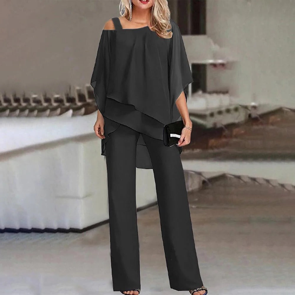 Astrid | Mono de Pierna Ancha con Hombros Descubiertos y Gasa, Elegante