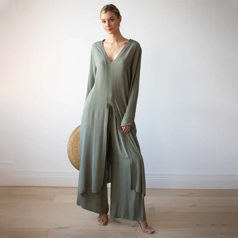 Delphine | Conjunto de Túnica Larga y Pantalón Ancho, Fluido