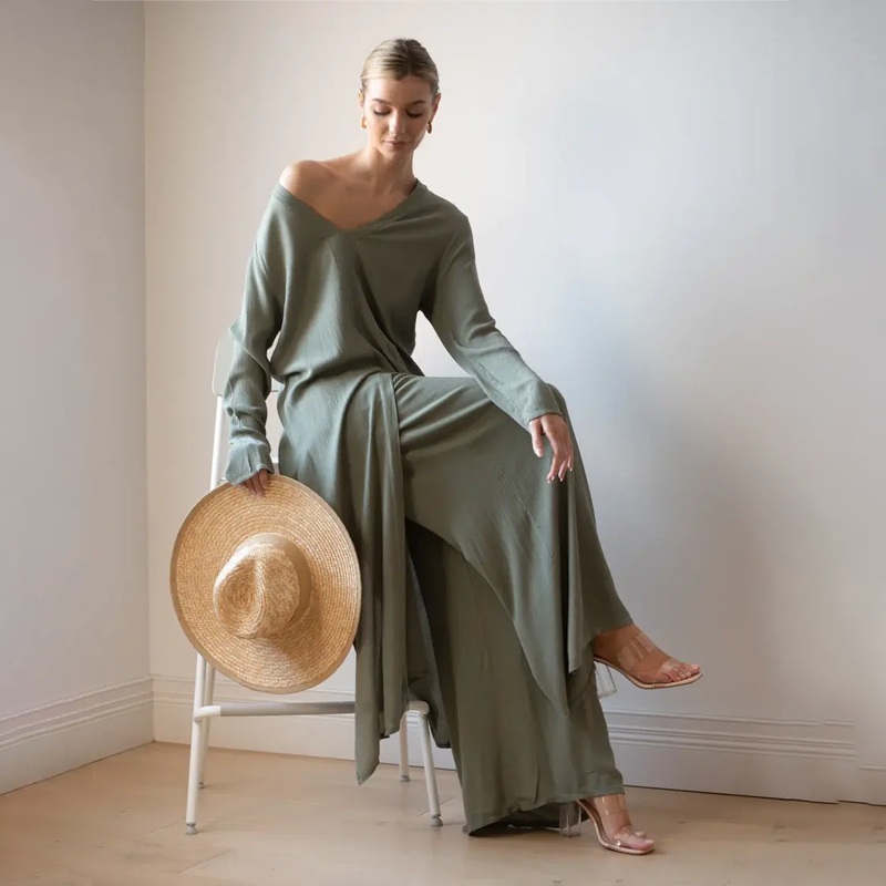 Delphine | Conjunto de Túnica Larga y Pantalón Ancho, Fluido