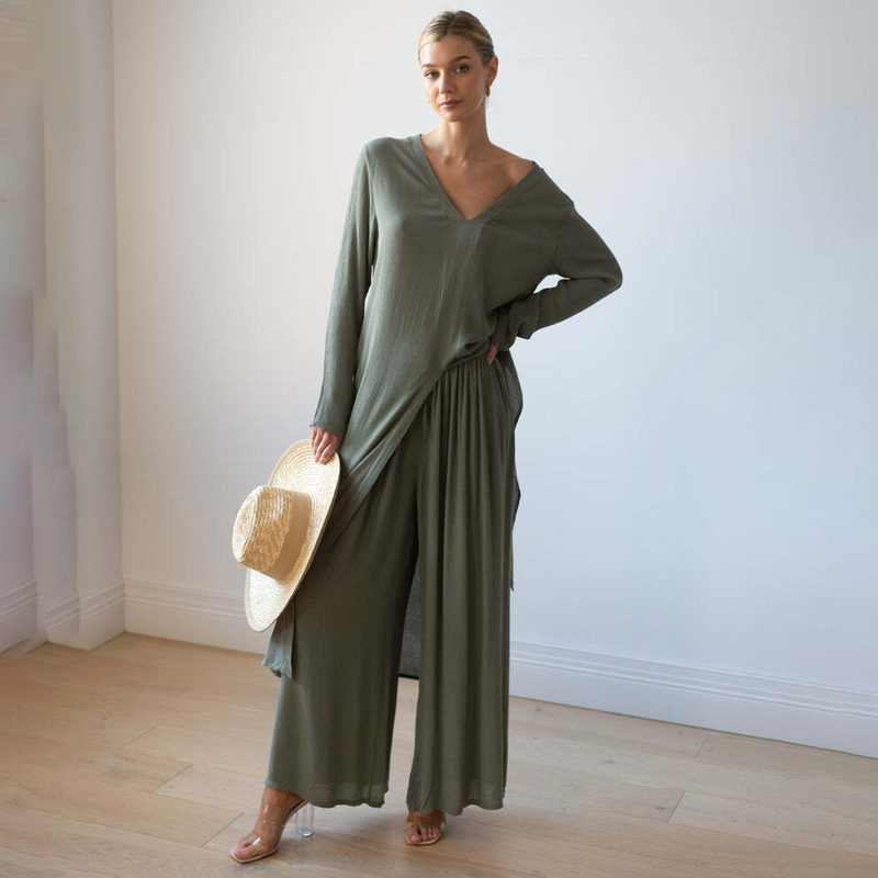 Delphine | Conjunto de Túnica Larga y Pantalón Ancho, Fluido