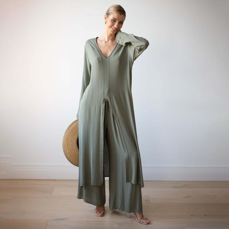 Delphine | Conjunto de Túnica Larga y Pantalón Ancho, Fluido