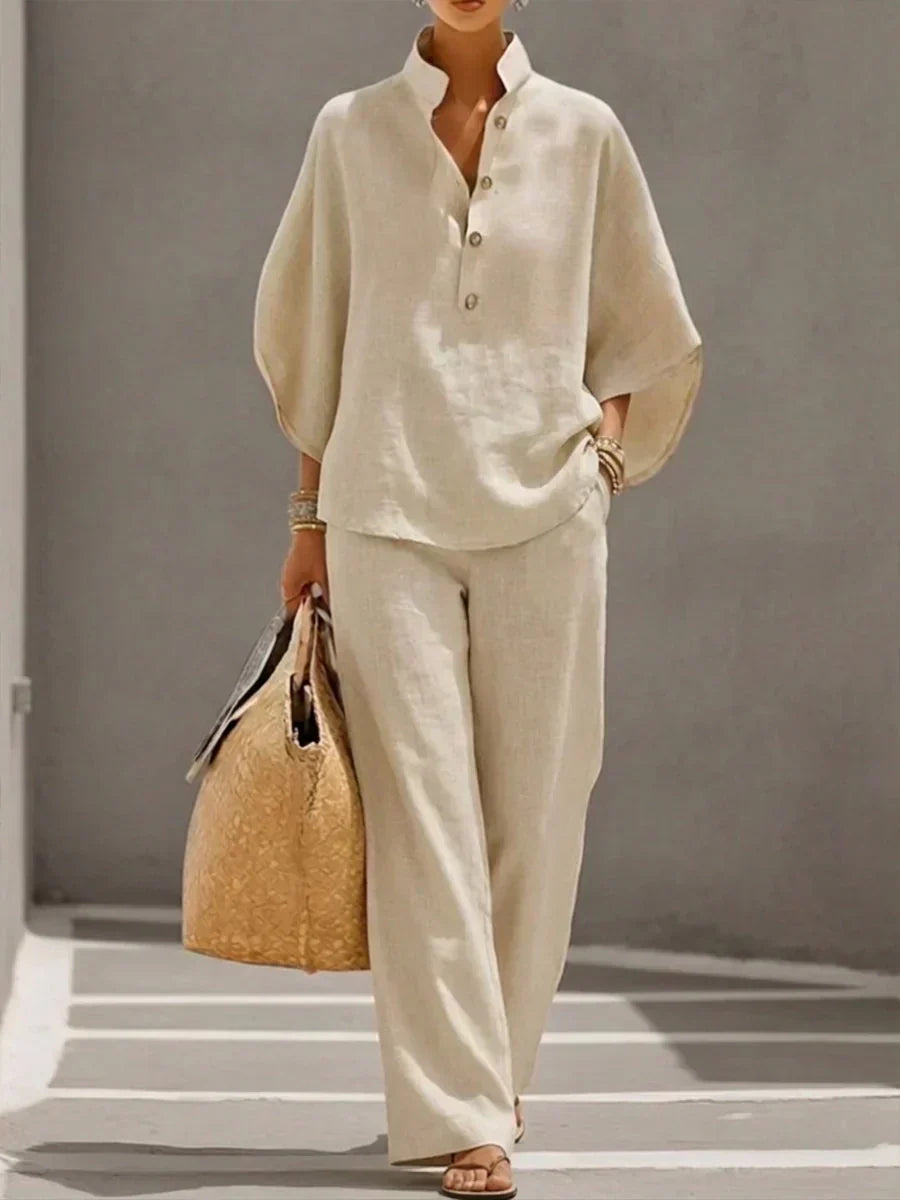 Maribel | Conjunto de Blusa con Mangas Murciélago y Pantalón Ancho, Fresco y Natural