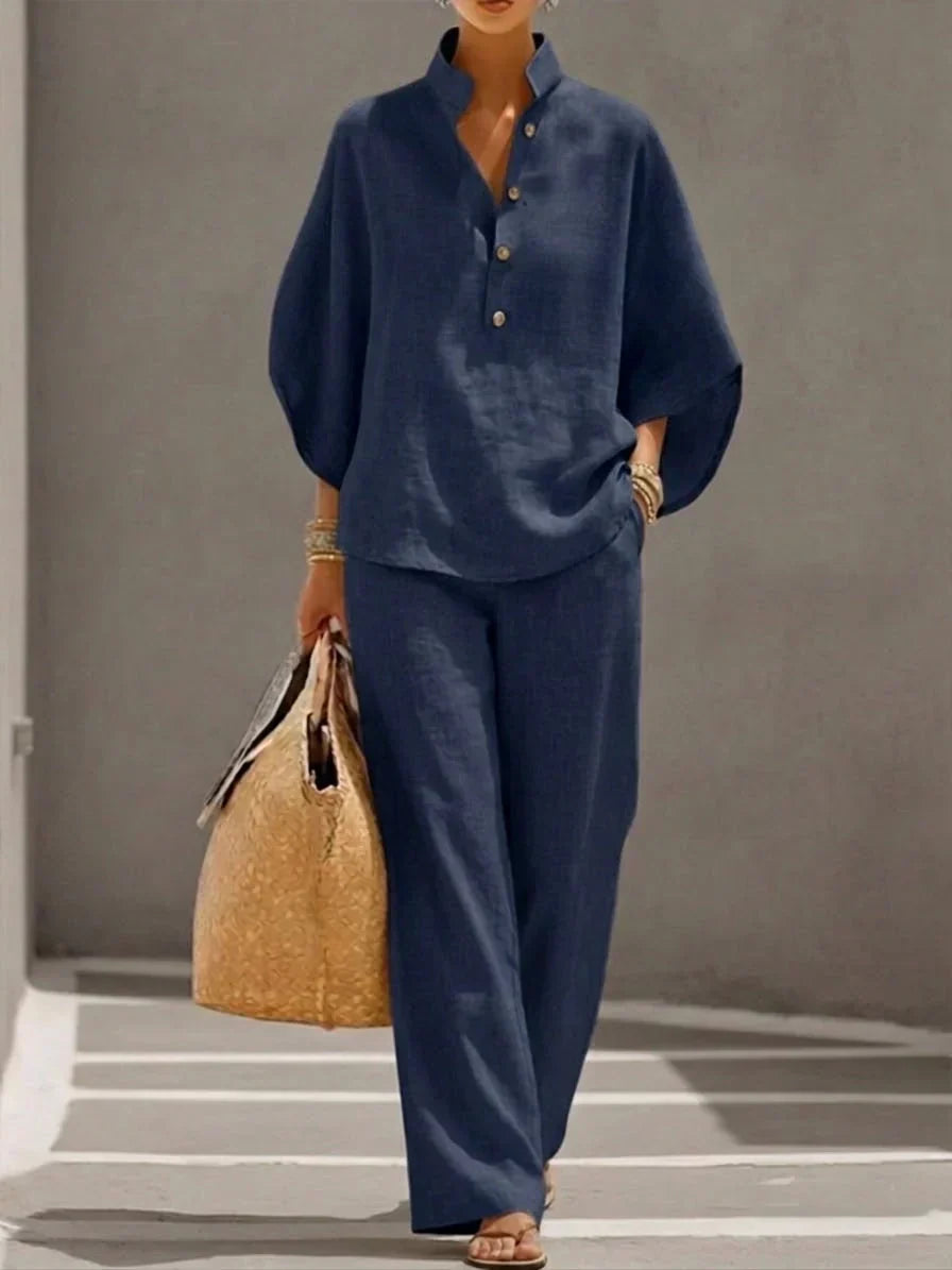 Maribel | Conjunto de Blusa con Mangas Murciélago y Pantalón Ancho, Fresco y Natural