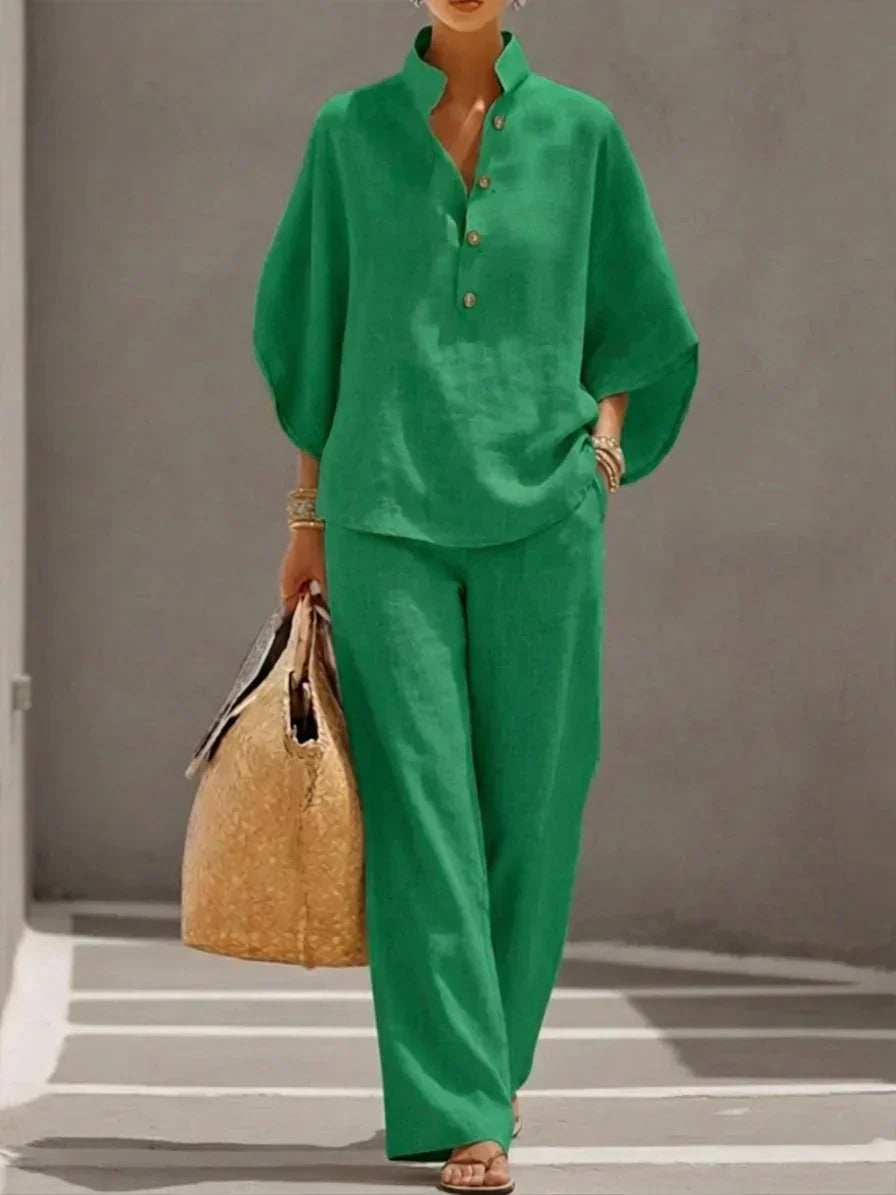 Maribel | Conjunto de Blusa con Mangas Murciélago y Pantalón Ancho, Fresco y Natural