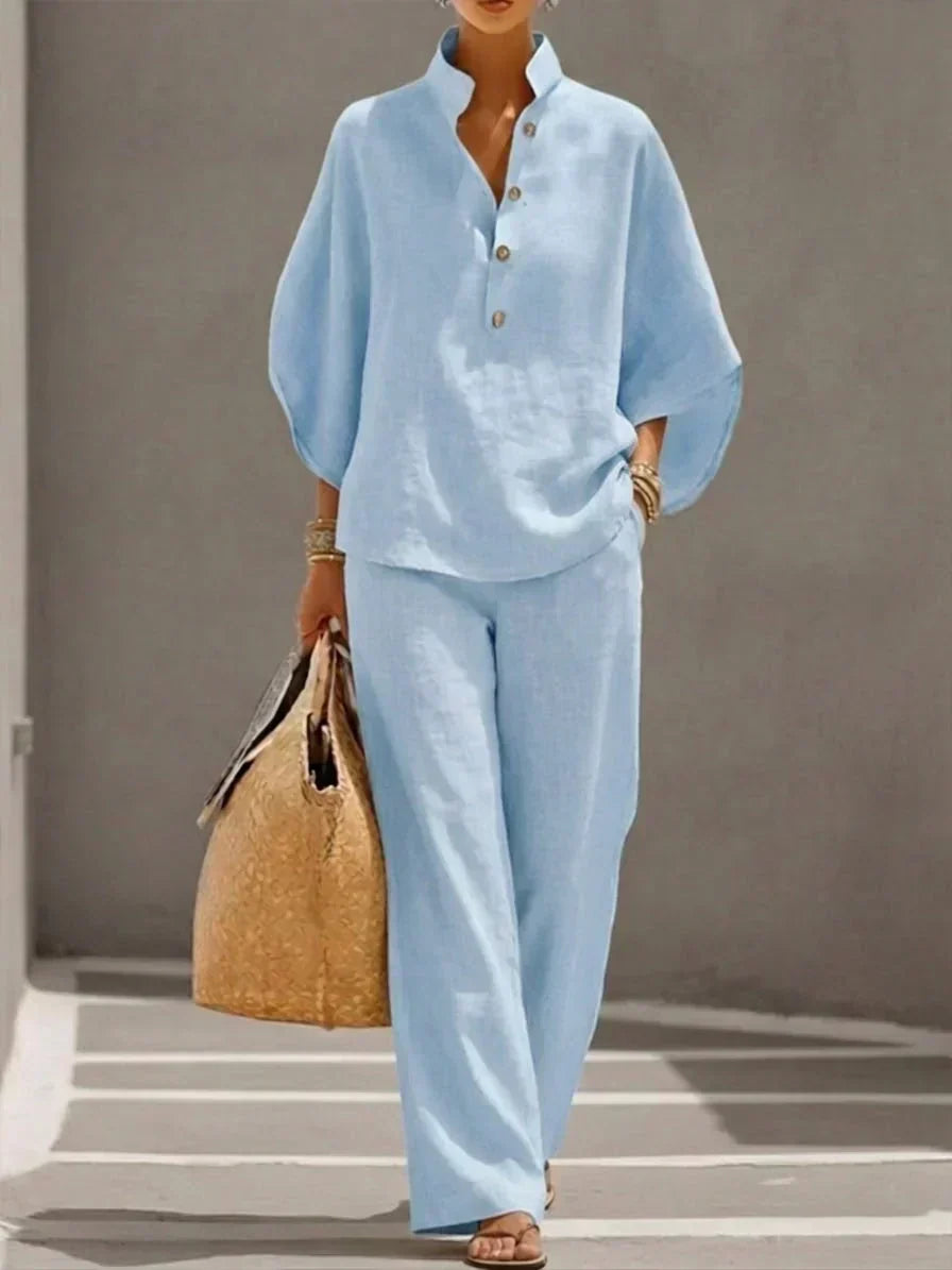 Maribel | Conjunto de Blusa con Mangas Murciélago y Pantalón Ancho, Fresco y Natural