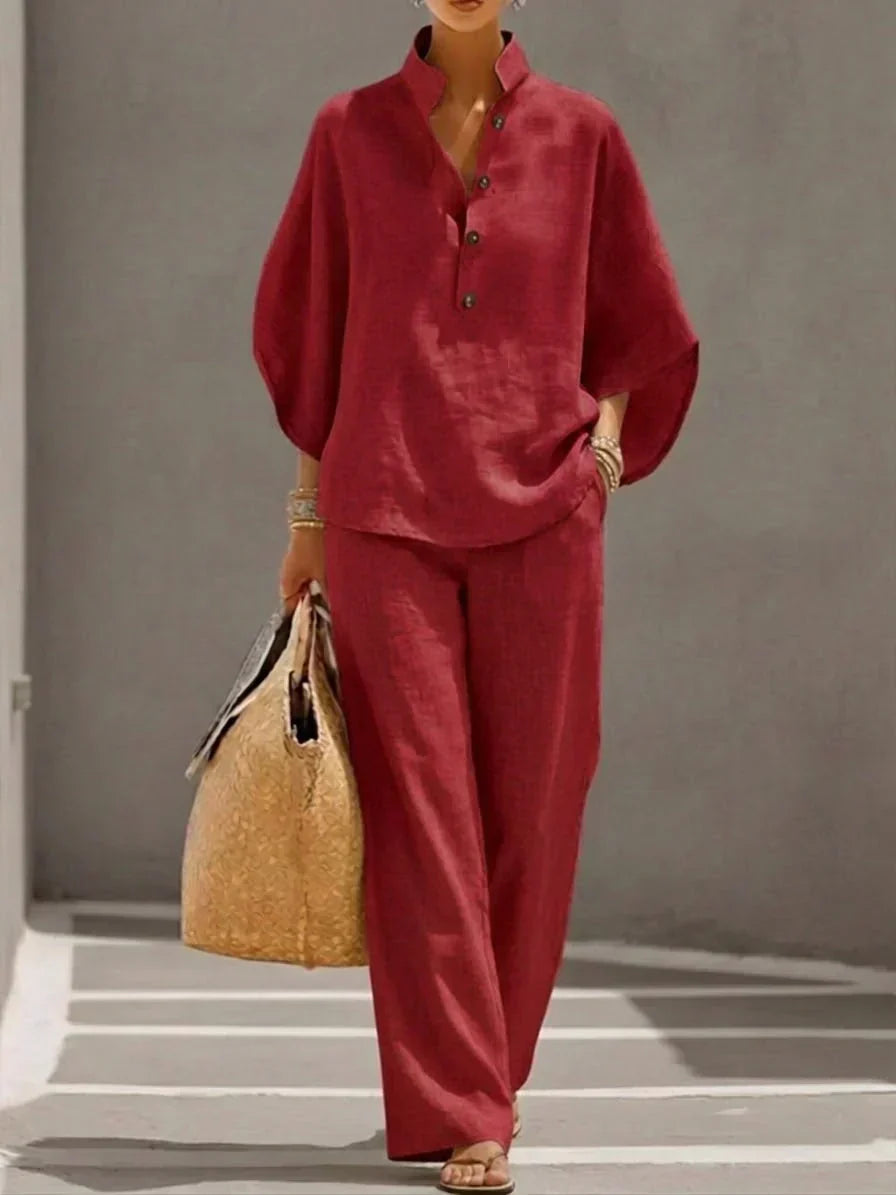 Maribel | Conjunto de Blusa con Mangas Murciélago y Pantalón Ancho, Fresco y Natural