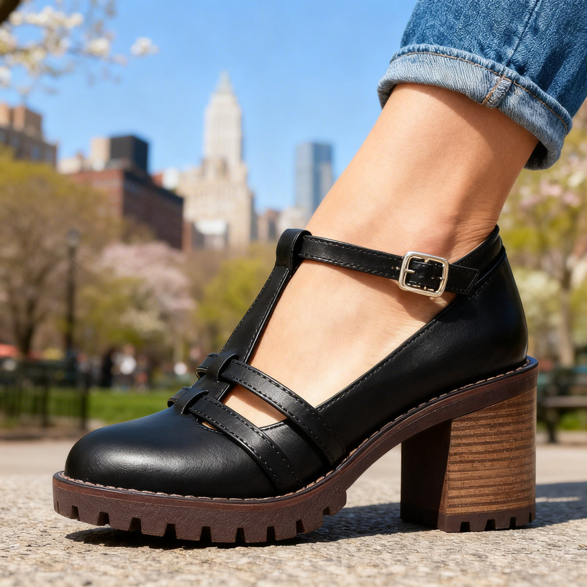 Romilly | Zapatos de Tacón Ancho con Tira en T, Retro