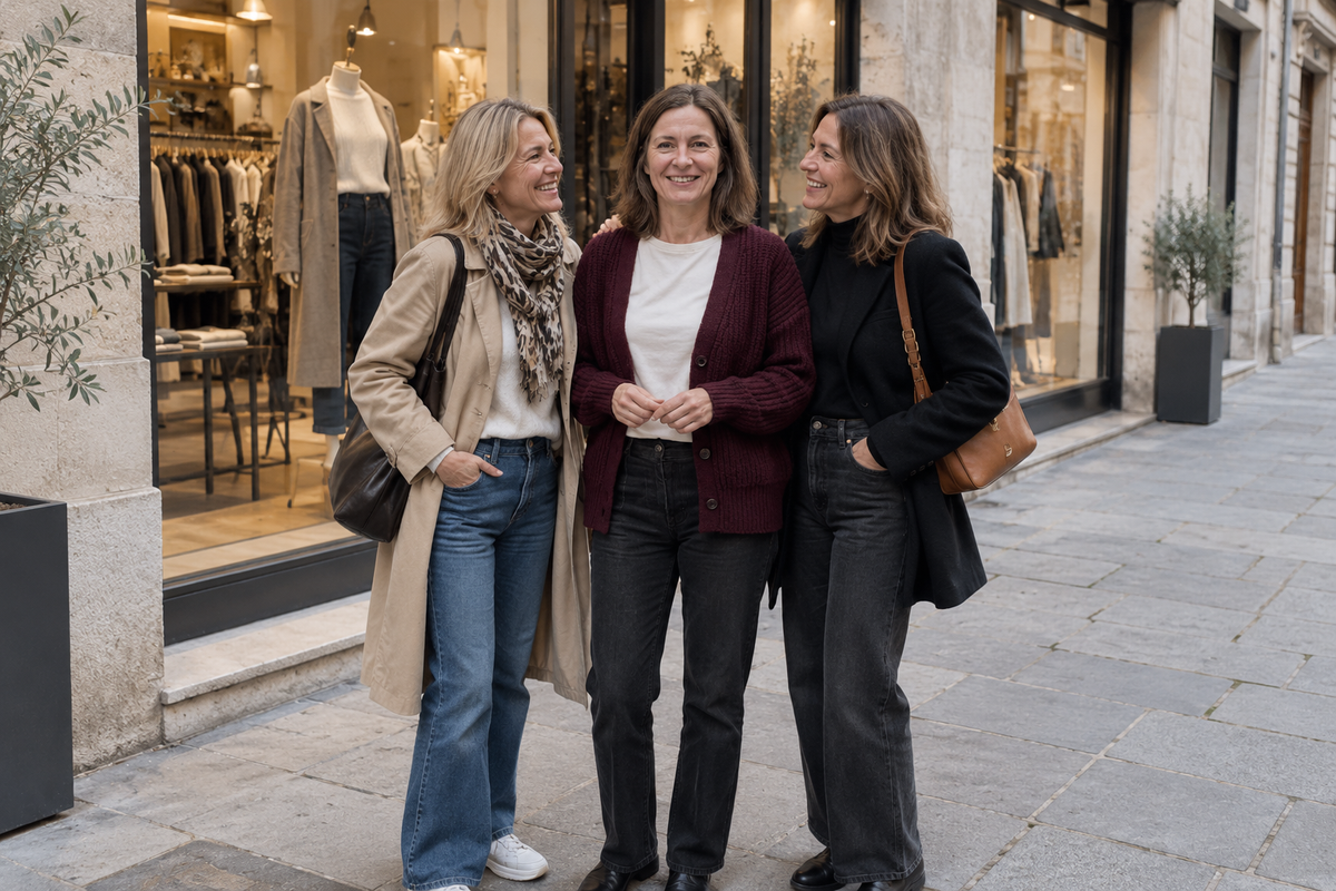 Tres mujeres sonrientes frente a una tienda de moda