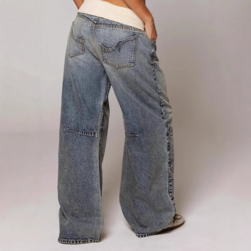 Fátima | Vaqueros Baggy Azul Claro con Cintura Doblada de Canalé, Desenfadado
