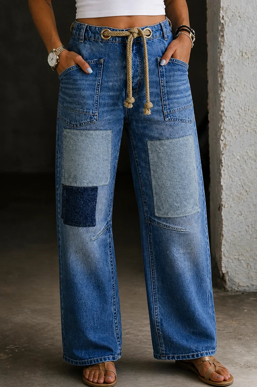 Nahia | Vaqueros de Pierna Ancha con Patchwork y Cordón, Cómodo