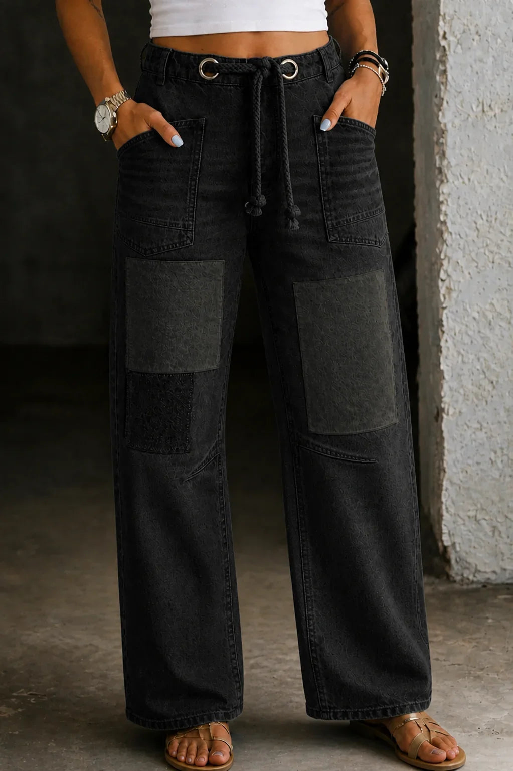 Nahia | Vaqueros de Pierna Ancha con Patchwork y Cordón, Cómodo