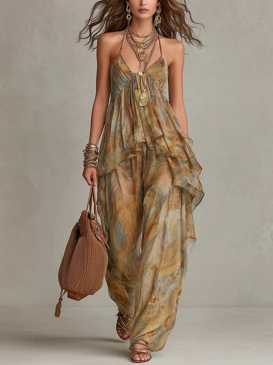 Montse | Mono de Pierna Ancha con Cuello Halter y Volantes, Fresco