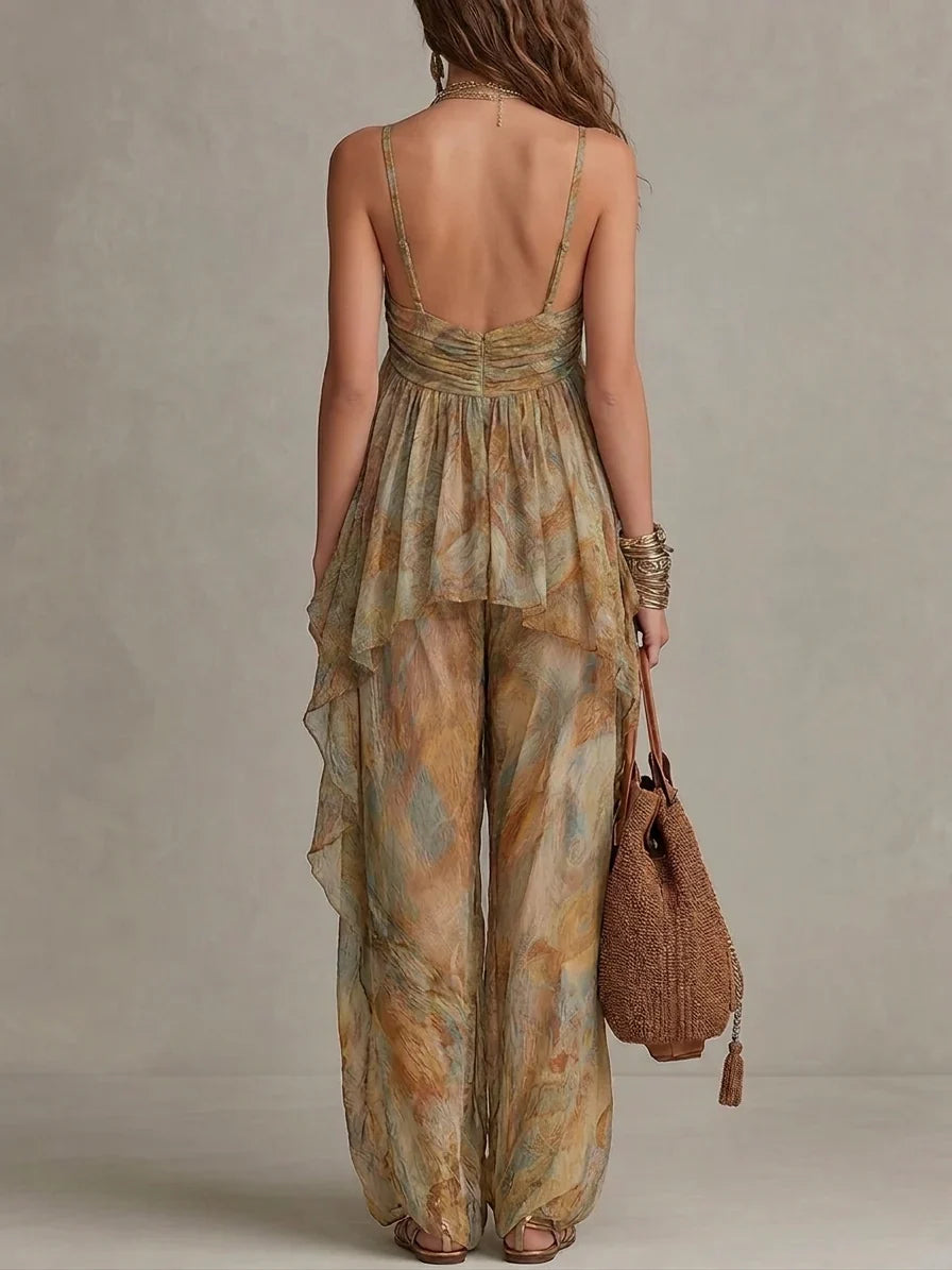 Montse | Mono de Pierna Ancha con Cuello Halter y Volantes, Fresco