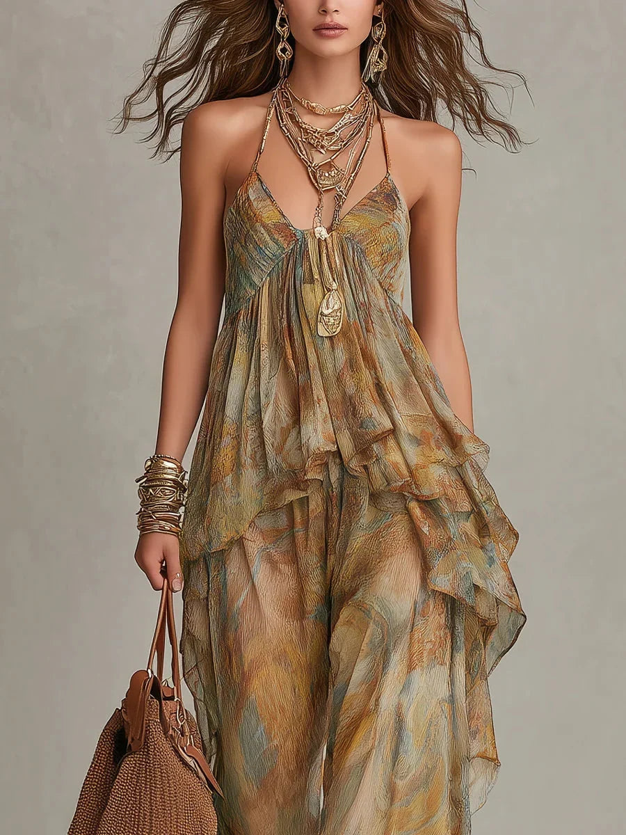 Montse | Mono de Pierna Ancha con Cuello Halter y Volantes, Fresco