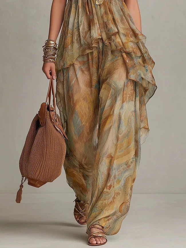Montse | Mono de Pierna Ancha con Cuello Halter y Volantes, Fresco